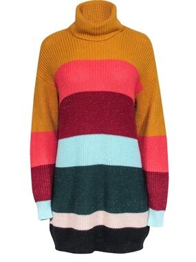 FARM Rio Mustard, Pink & Teal Striped Turtleneck Sweater Dress